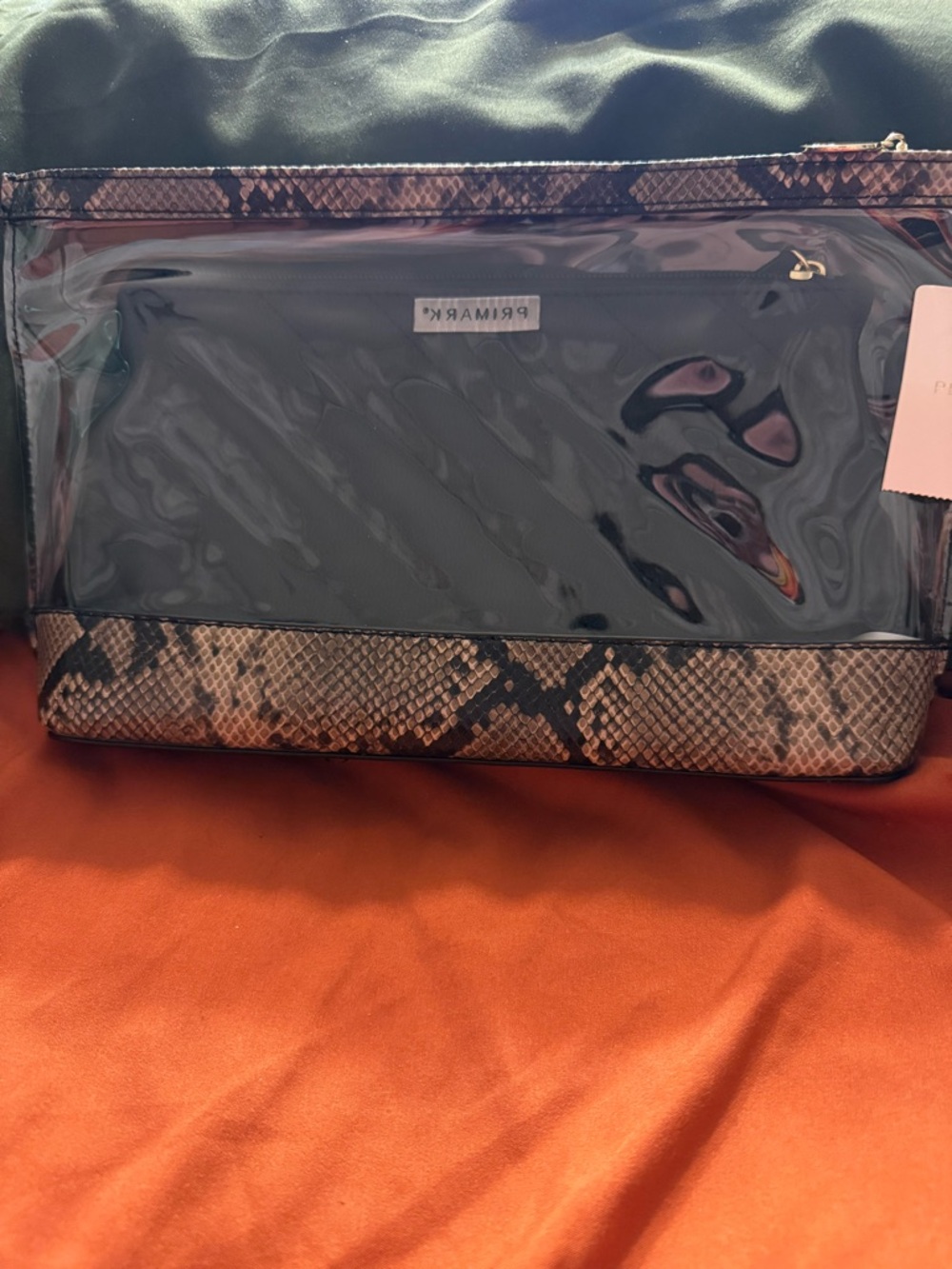 Primark Black Clear Cosmetic Pouch with Brown Snake-Print Trim